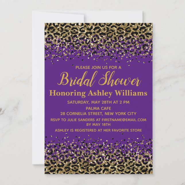 Girly Leopard Purple Gold Customized Bridal Shower Invitation (Front)