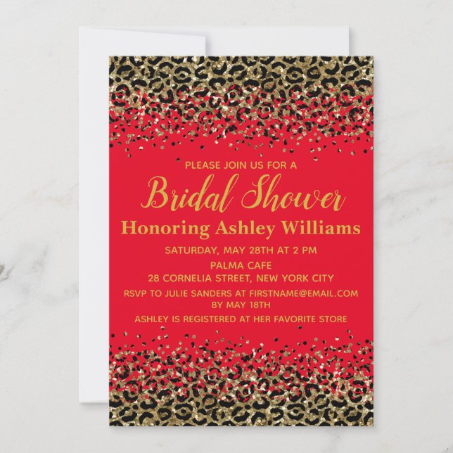 Girly Leopard Red & Gold Customized Bridal Shower Invitation (Front)