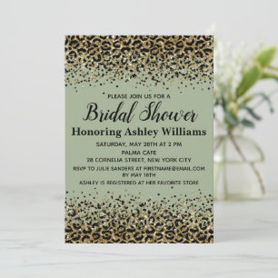 Girly Leopard Sage Green Black Gold Bridal Shower Invitation