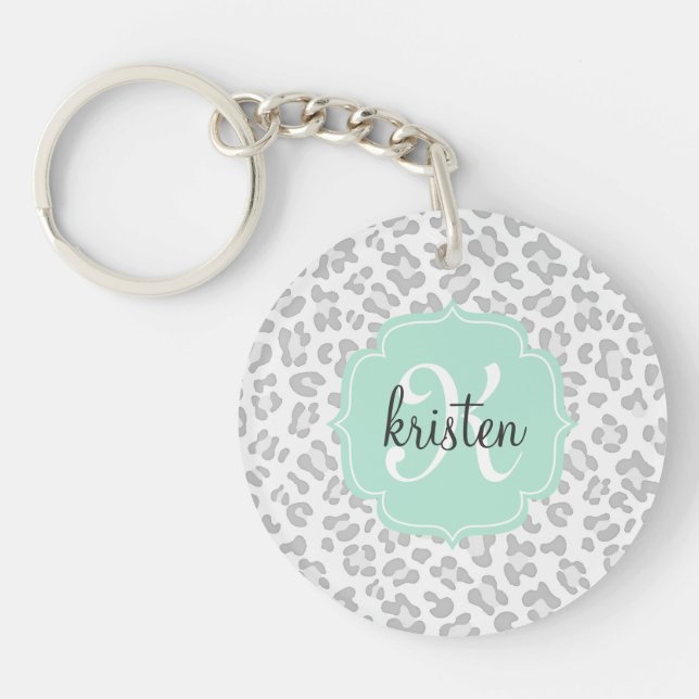 Girly Leopard Silver and Mint Green Personalized Keychain (Front)