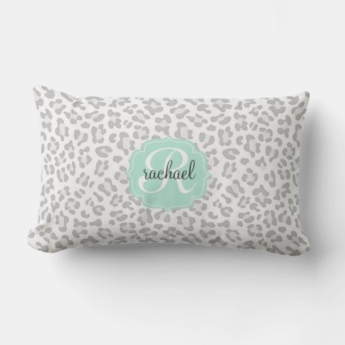 Girly Leopard Silver and Mint Green Personalized Lumbar Pillow