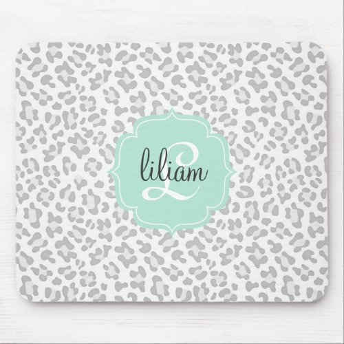 Girly Leopard Silver and Mint Green Personalized Mouse Pad