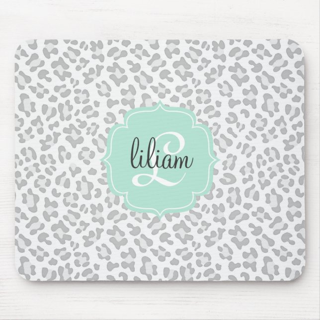 Girly Leopard Silver and Mint Green Personalized Mouse Pad (Front)