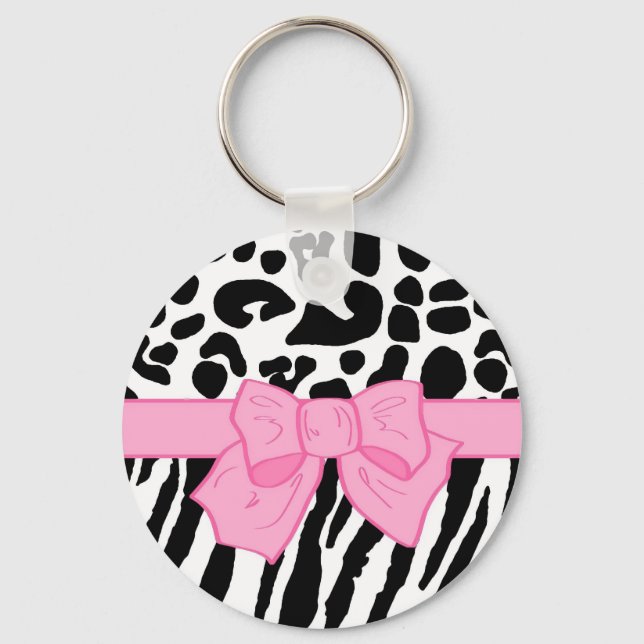 Girly Leopard Zebra Animal Print and Cute Pink Bow Keychain (Front)