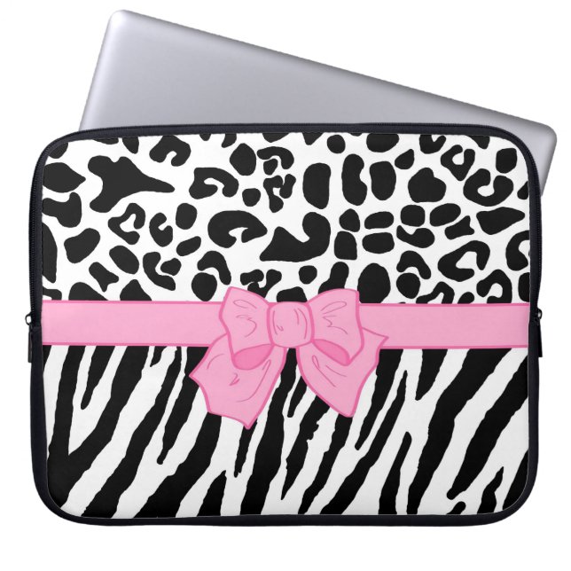 Girly Leopard Zebra Animal Print and Cute Pink Bow Laptop Sleeve (Front)