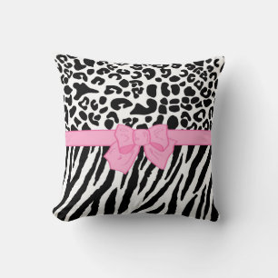 Girly Leopard Zebra Animal Print and Cute Pink Bow Throw Pillow