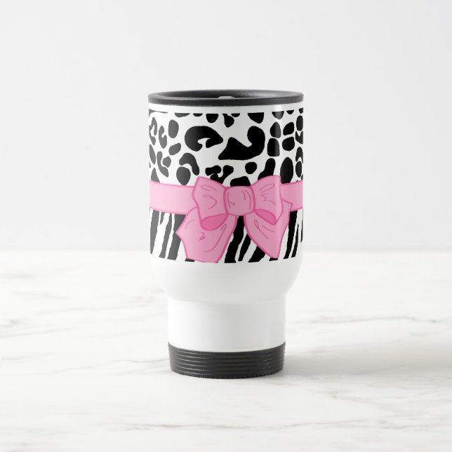 Girly Leopard Zebra Animal Print and Cute Pink Bow Travel Mug (Center)