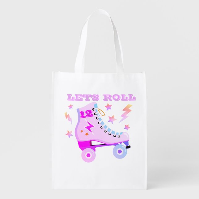 Girly Lets Roll Roller Skating Retro Neon Pink  Grocery Bag (Front)