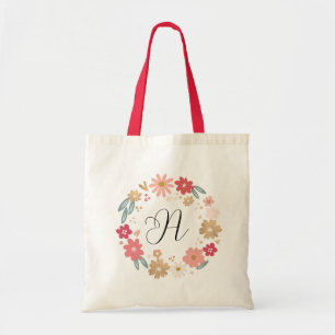 Girly Letter A Whimsical Floral Letter Monogram Tote Bag