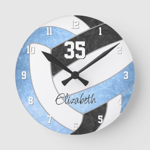girly light blue black personalized volleyball round clock