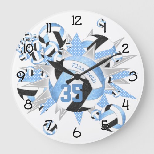 girly light blue black volleyballs and stars large clock