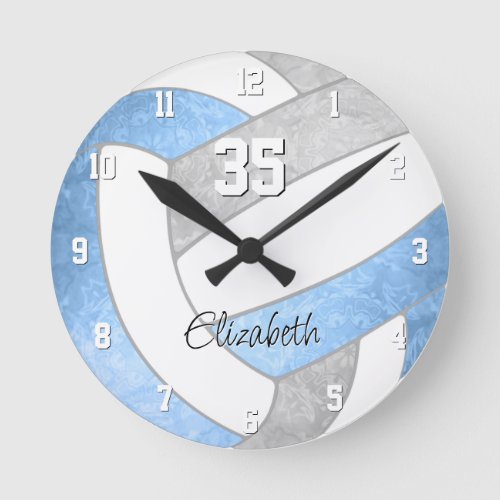 girly light blue gray personalized volleyball round clock