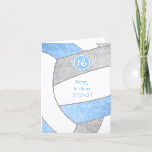 girly light blue gray volleyball 16th birthday card