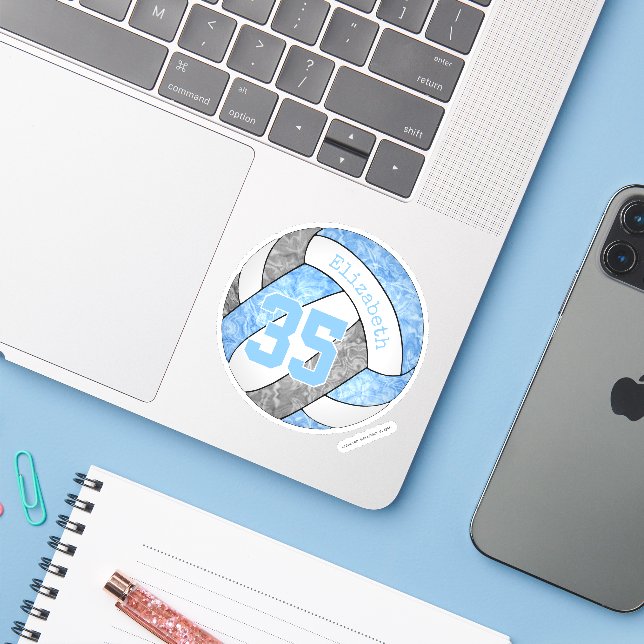 girly light blue gray volleyball team colors sticker (Laptop w/ iPhone)