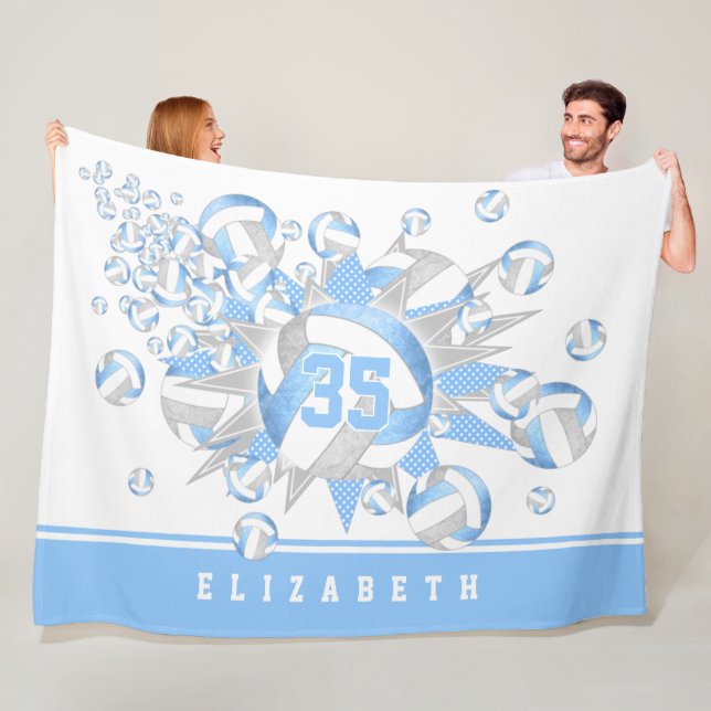 girly light blue gray volleyballs and stars fleece blanket (In Situ)