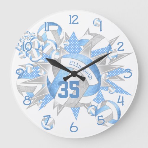 girly light blue gray volleyballs and stars large clock