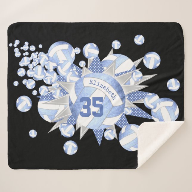 girly light blue white volleyballs and stars sherpa blanket (Front (Horizontal))