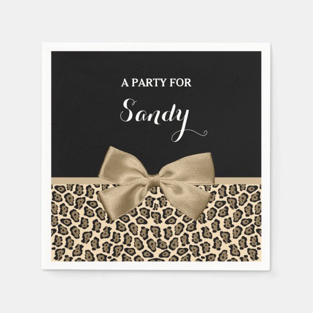 Girly Light Brown Jaguar Cute Brown Bow With Name Napkins (Front)