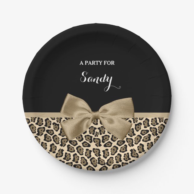 Girly Light Brown Jaguar Cute Brown Bow With Name Paper Plates (Front)