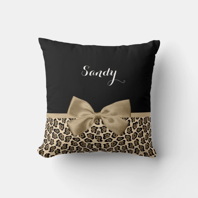 Girly Light Brown Jaguar Cute Brown Bow With Name Throw Pillow (Front)