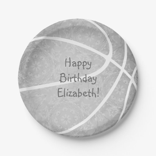 girly light gray custom text basketball party paper plates