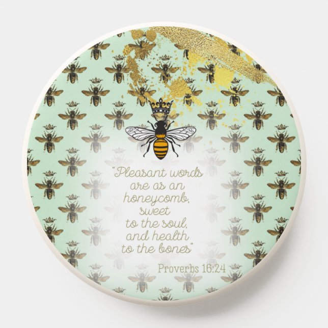 Girly Light Green Gold Bee Grid Faith Queen Bee  PopSocket (Popsocket)