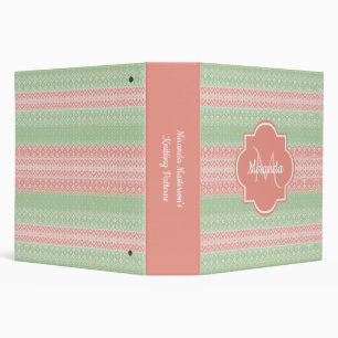 Girly Light Green Knit Coral Pink Stripes and Name Binder