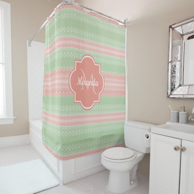 Girly Light Green Knit Coral Pink Stripes and Name Shower Curtain (In Situ)