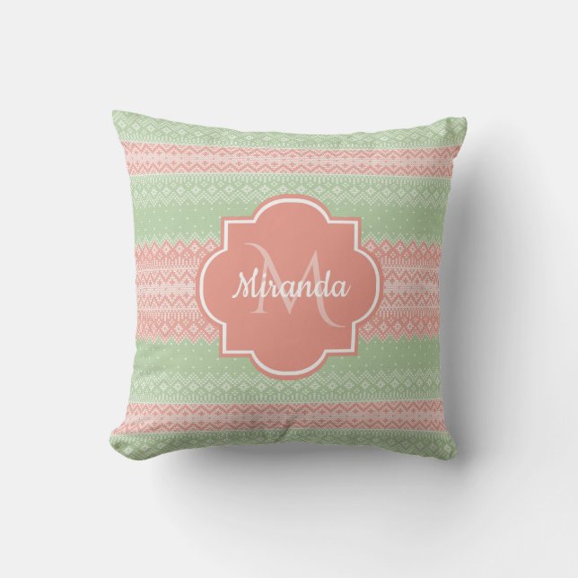 Girly Light Green Knit Coral Pink Stripes and Name Throw Pillow (Front)