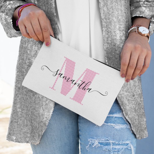 Girly Light Pink and White Polka Dot Monogram Accessory Pouch (Girly Light Pink and White Polka Dot Monogram Accessory Pouch)