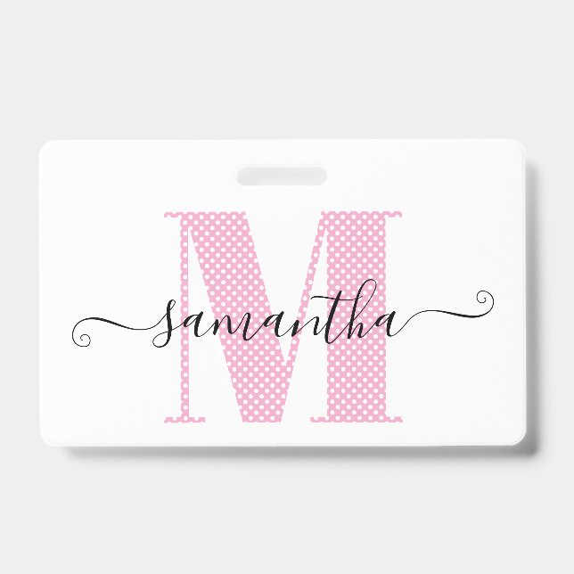 Girly Light Pink and White Polka Dot Monogram Badge (Front)