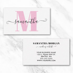 Girly Light Pink and White Polka Dot Monogram Business Card