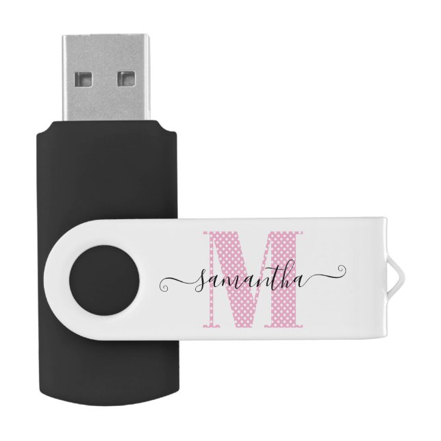 Girly Light Pink and White Polka Dot Monogram Flash Drive (Opened)