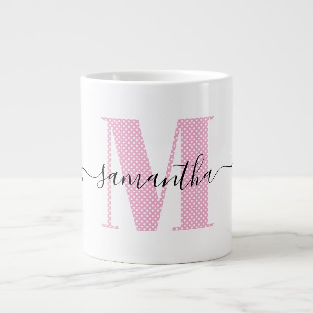 Girly Light Pink and White Polka Dot Monogram Giant Coffee Mug (Front)