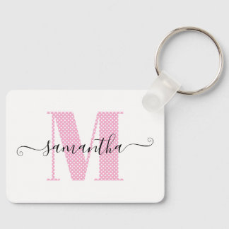 Girly Light Pink and White Polka Dot Monogram Keychain