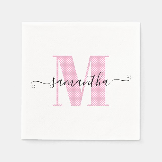 Girly Light Pink and White Polka Dot Monogram Napkins (Front)