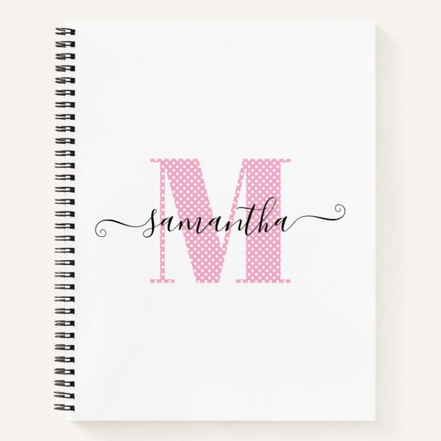 Girly Light Pink and White Polka Dot Monogram Notebook (Front)