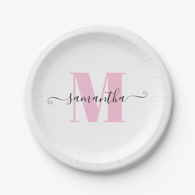 Girly Light Pink and White Polka Dot Monogram Paper Plates (Front)