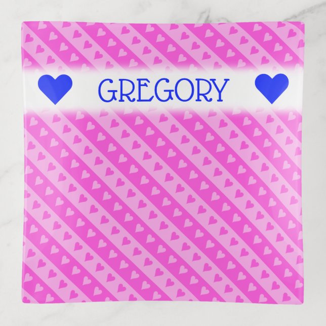 Girly Light Pink & Dark Pink Heart Stripes Pattern Trinket Tray (Front)