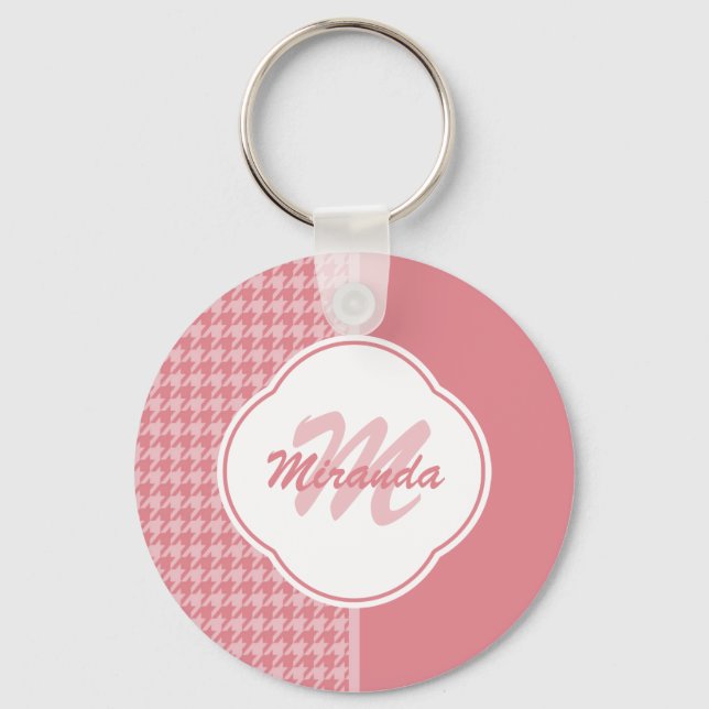 Girly Light Pink Houndstooth Monogram With Name Keychain (Front)