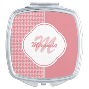 Girly Light Pink Houndstooth Monogram With Name Makeup Mirror