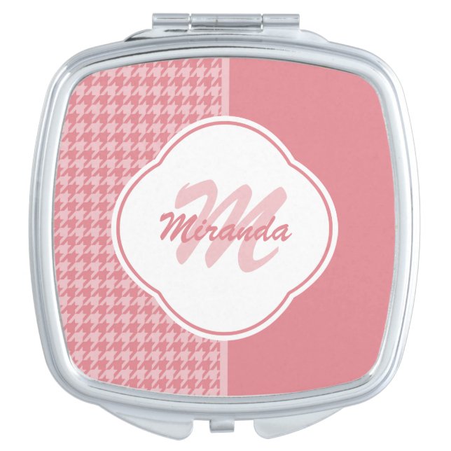Girly Light Pink Houndstooth Monogram With Name Makeup Mirror (Front)