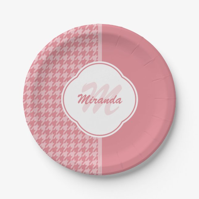 Girly Light Pink Houndstooth Monogram With Name Paper Plates (Front)