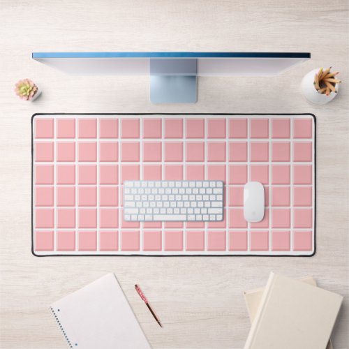 Girly Light Pink White Square Faux Tiles Pattern Desk Mat