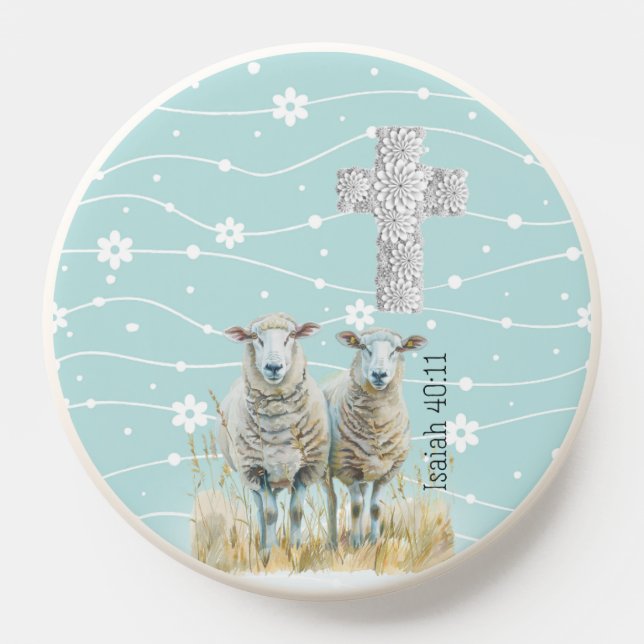 Girly Light Turquoise Floral Sheep Cross Bible PopSocket (Popsocket)