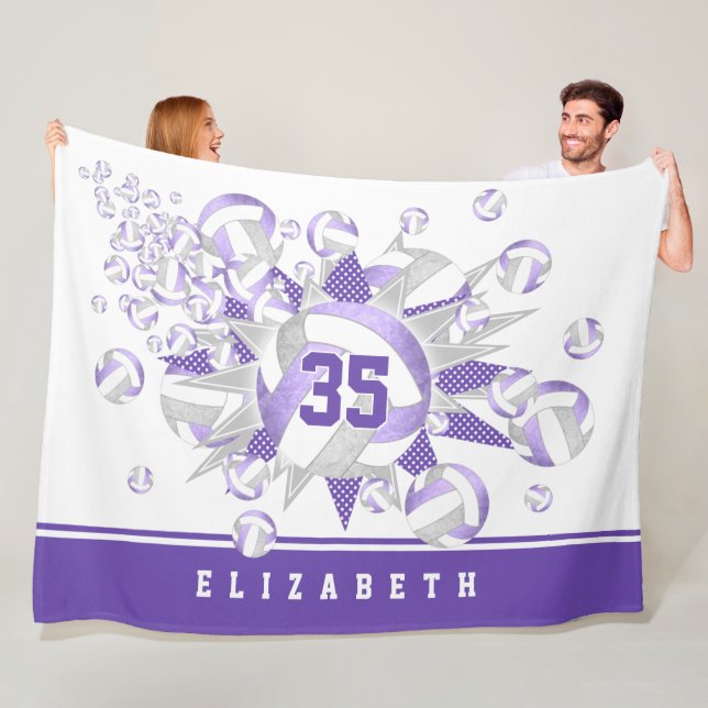 girly lilac gray volleyballs and stars fleece blanket (In Situ)
