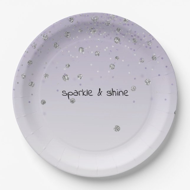 Girly Lilac Purple Confetti Glam Silver Sparkle Paper Plates (Front)