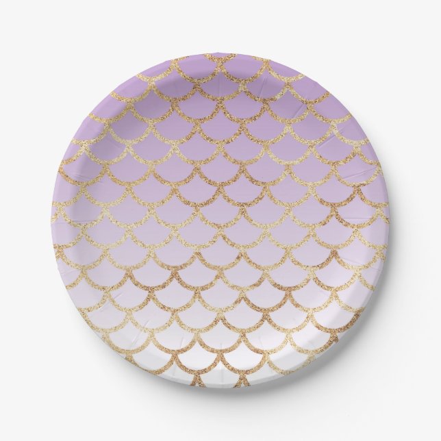 Girly Lilac Purple Gold Mermaid Glitter Sparkles Paper Plates (Front)
