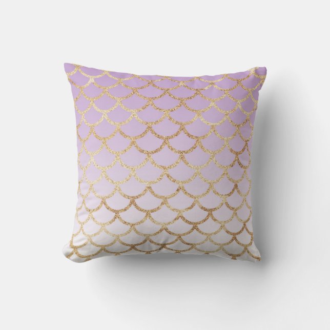Girly Lilac Purple Gold Mermaid Glitter Sparkles Throw Pillow (Front)