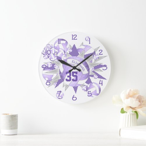 girly lilac purple white volleyballs and stars large clock